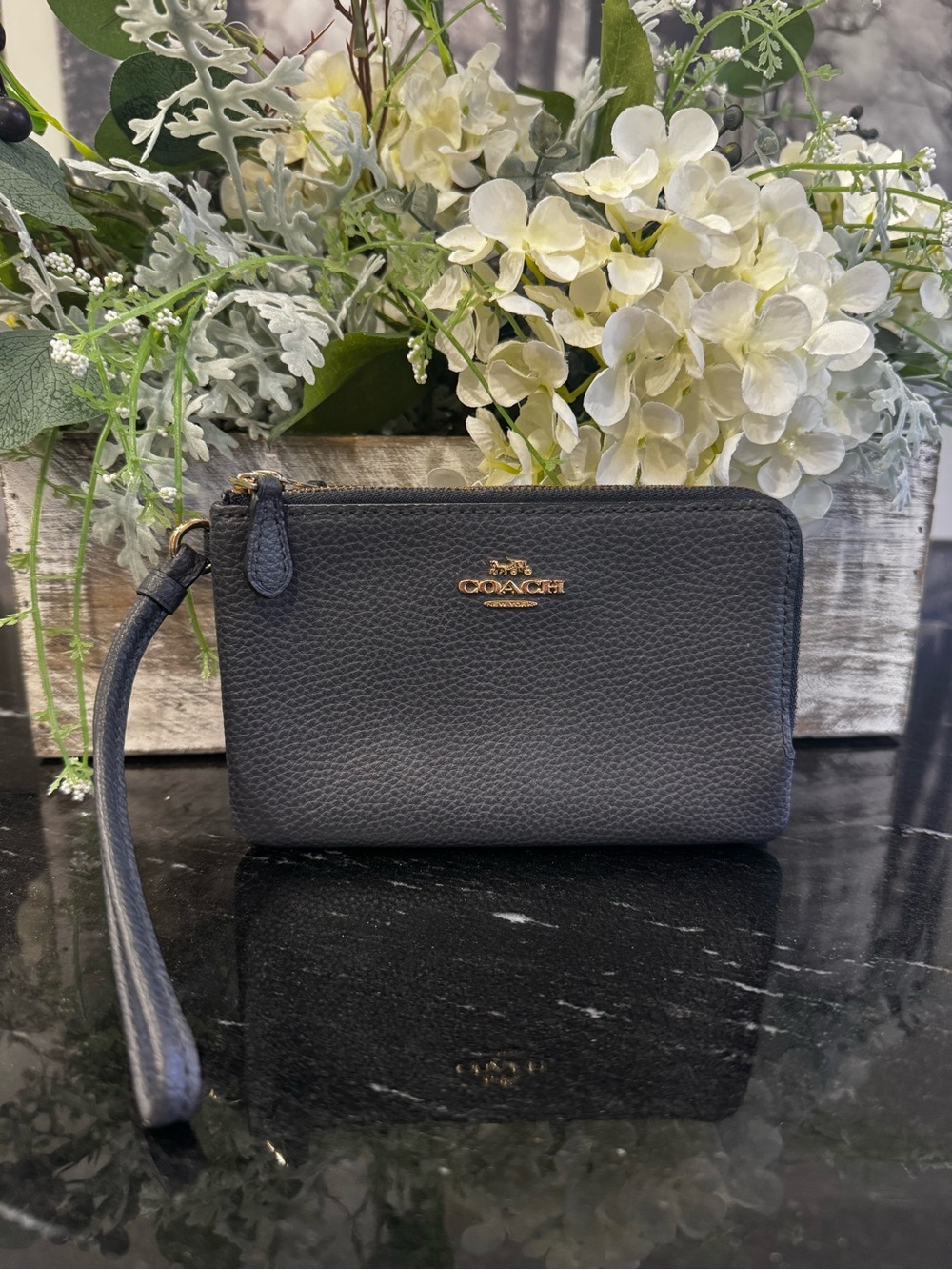 Coach Pebbled Leather Wristlet in Dark Gray with Gold Hardware